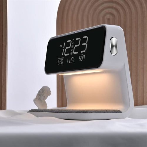 3-in-1 nattygsbordslampa med LCD-väckarklocka och trådlös laddningsstation