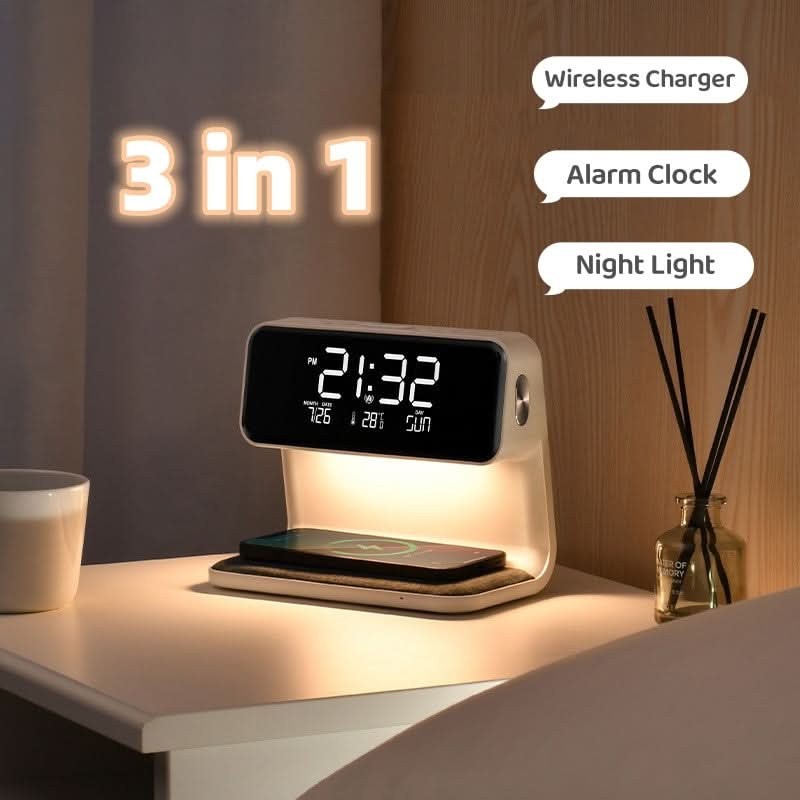3-in-1 nattygsbordslampa med LCD-väckarklocka och trådlös laddningsstation
