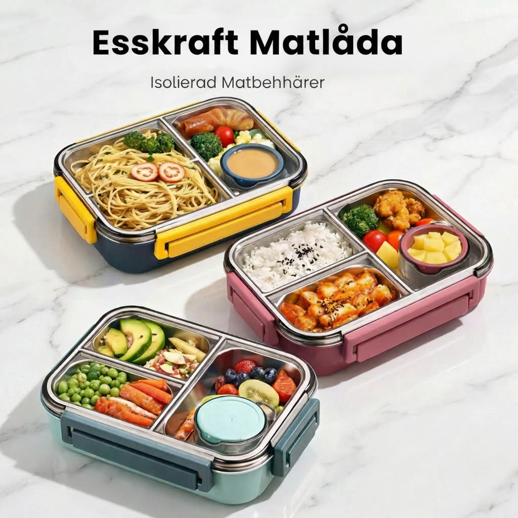 Bento-matlåda – Indelad innerbricka, lock med klämfäste, såskopp