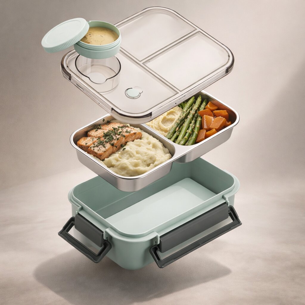 Bento-matlåda – Indelad innerbricka, lock med klämfäste, såskopp