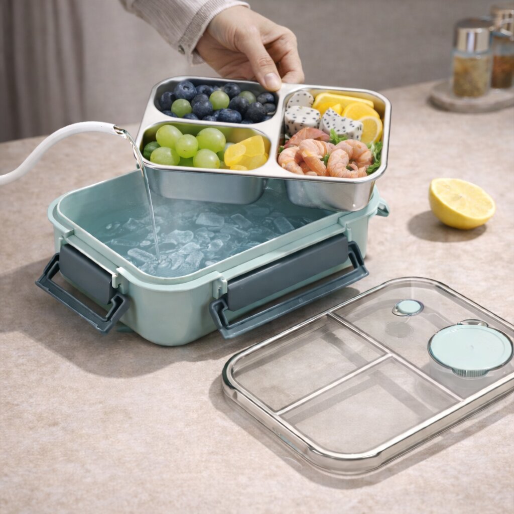 Bento-matlåda – Indelad innerbricka, lock med klämfäste, såskopp