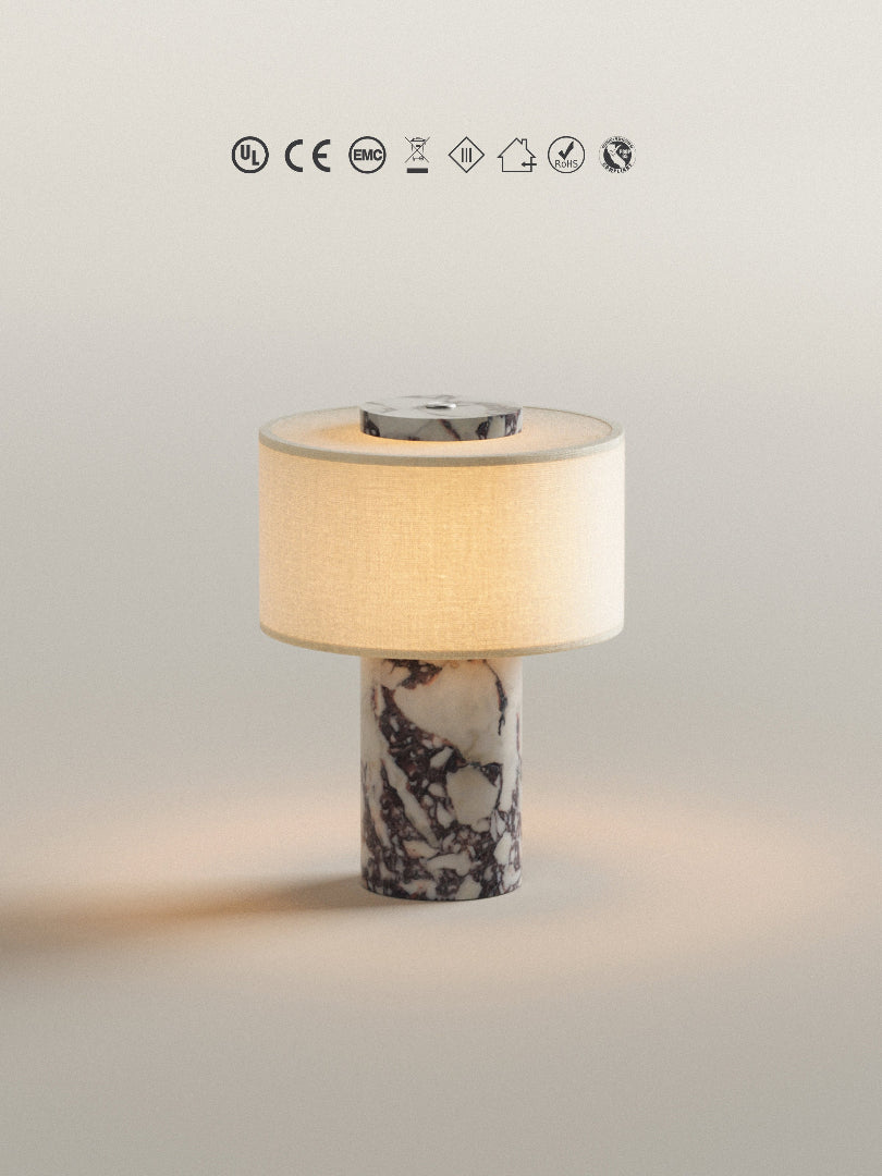 Bordslampa i marmorlook - Cylindrisk bas med trumskärm