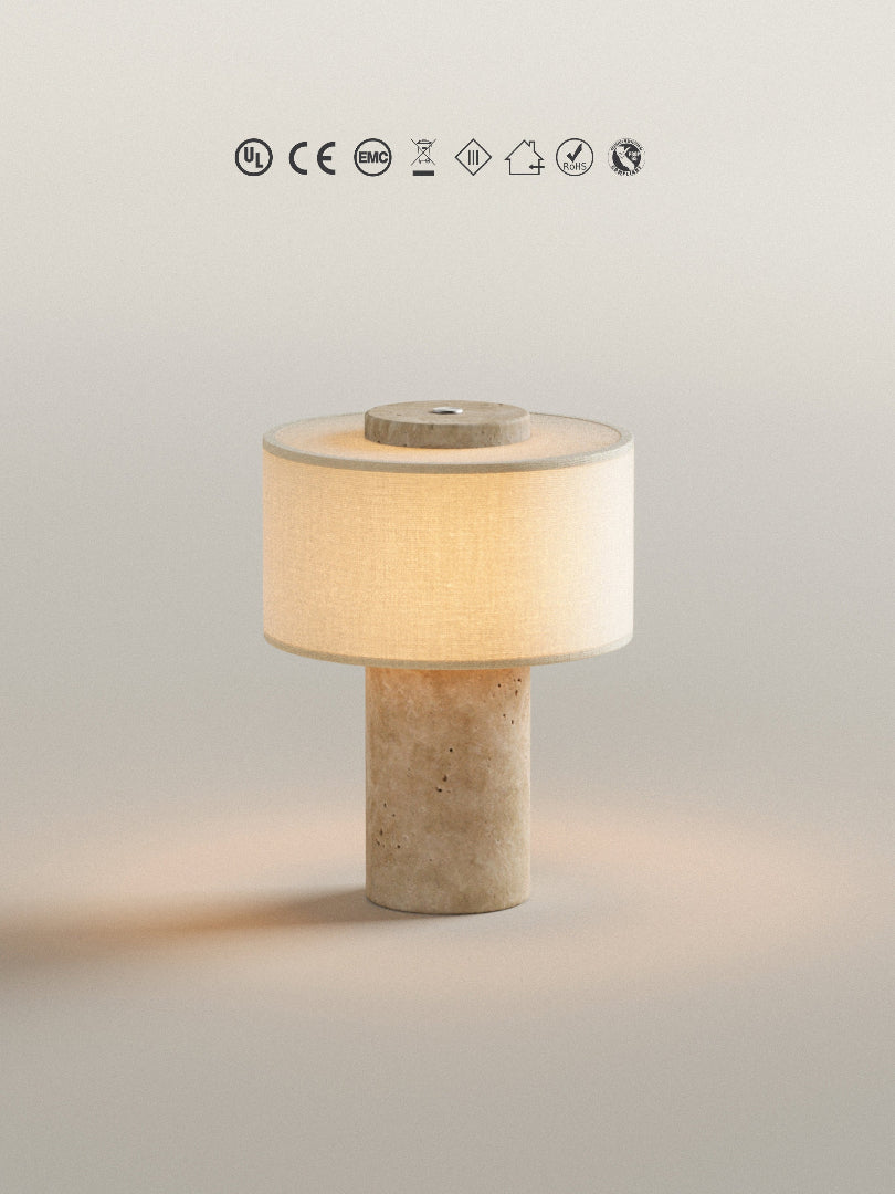 Bordslampa i travertin - Cylindrisk bas med trumskärm