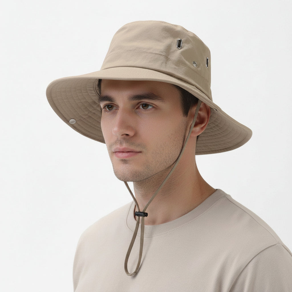 Herrsolhatt med bred brätte – Med hakrem och ventilationsöglor