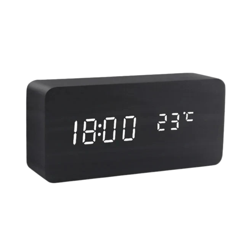 LED-digital väckarklocka - Triangelformat trähölje med tids- och temperaturvisning