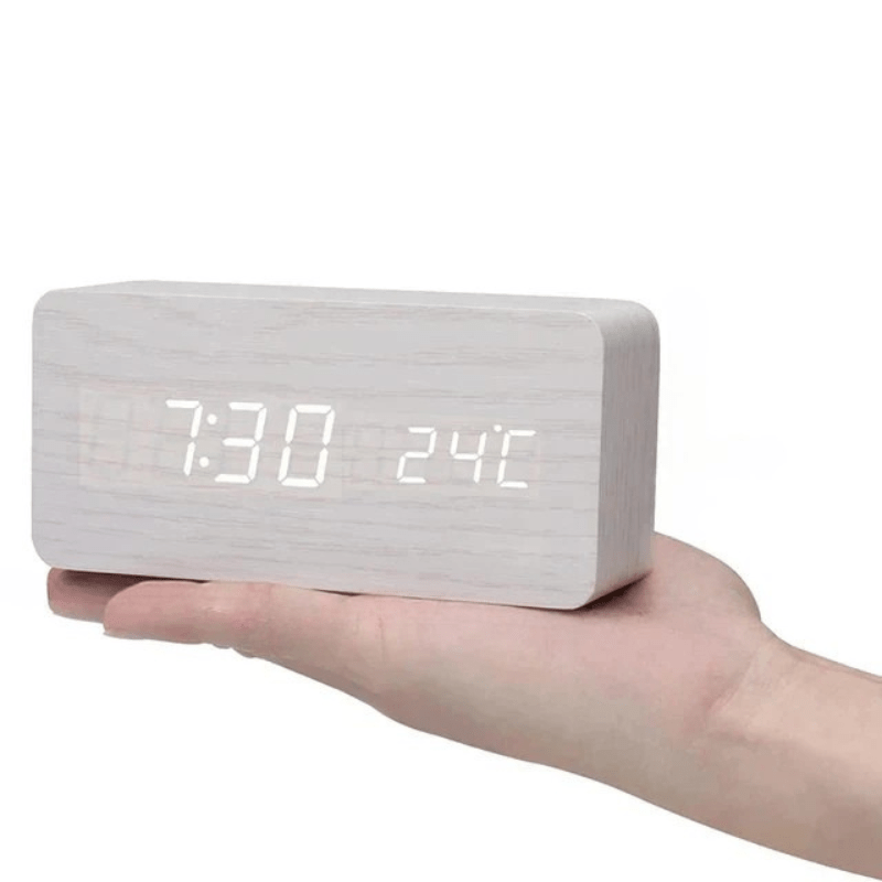 LED-digital väckarklocka - Triangelformat trähölje med tids- och temperaturvisning