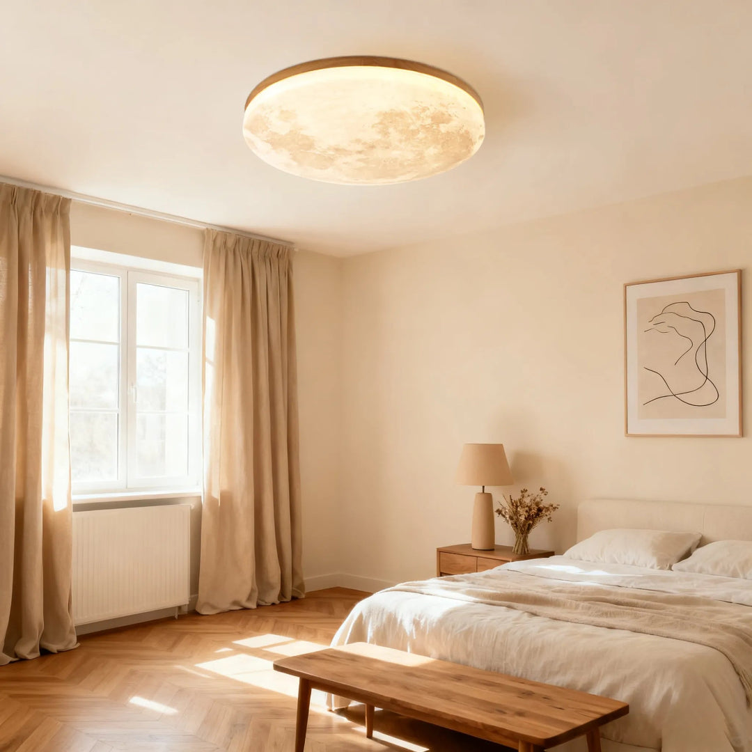 LED-taklampa – Rund plafond med månmotiv och träkant