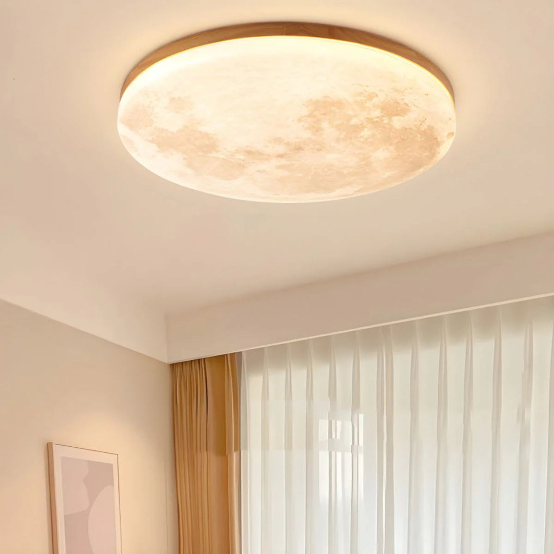 LED-taklampa – Rund plafond med månmotiv och träkant