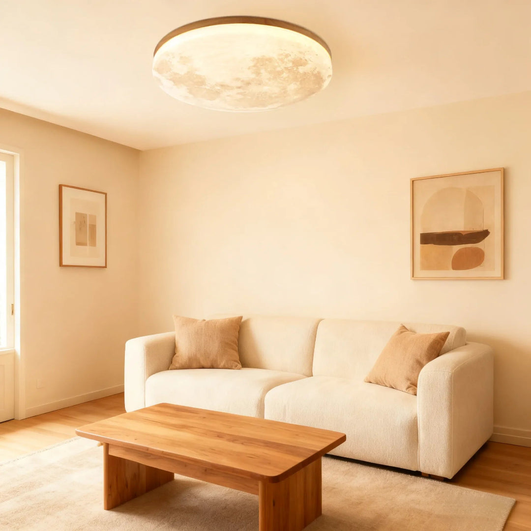 LED-taklampa – Rund plafond med månmotiv och träkant