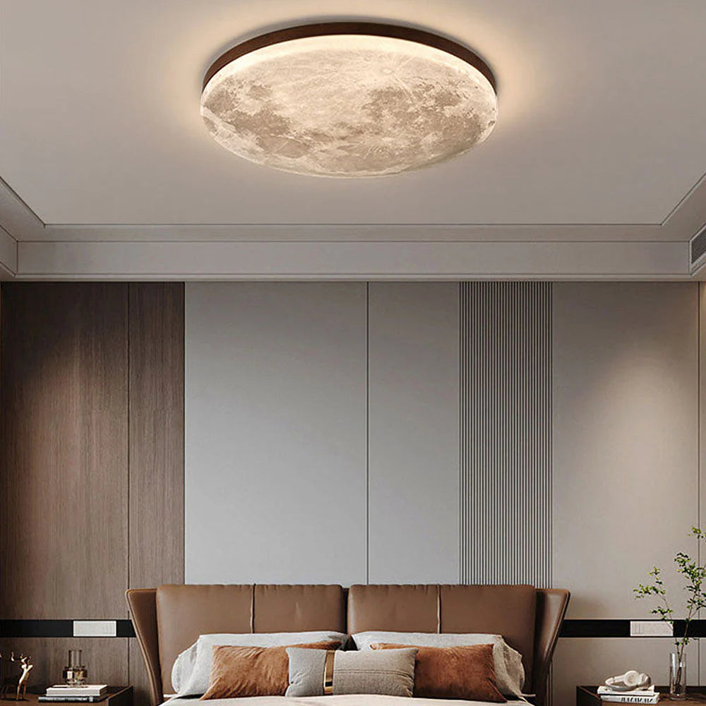 LED-taklampa – Rund plafond med månmotiv och träkant