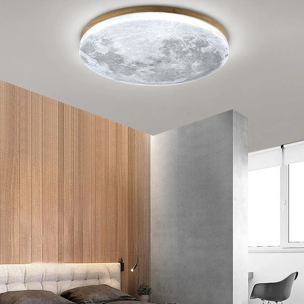 LED-taklampa – Rund plafond med månmotiv och träkant