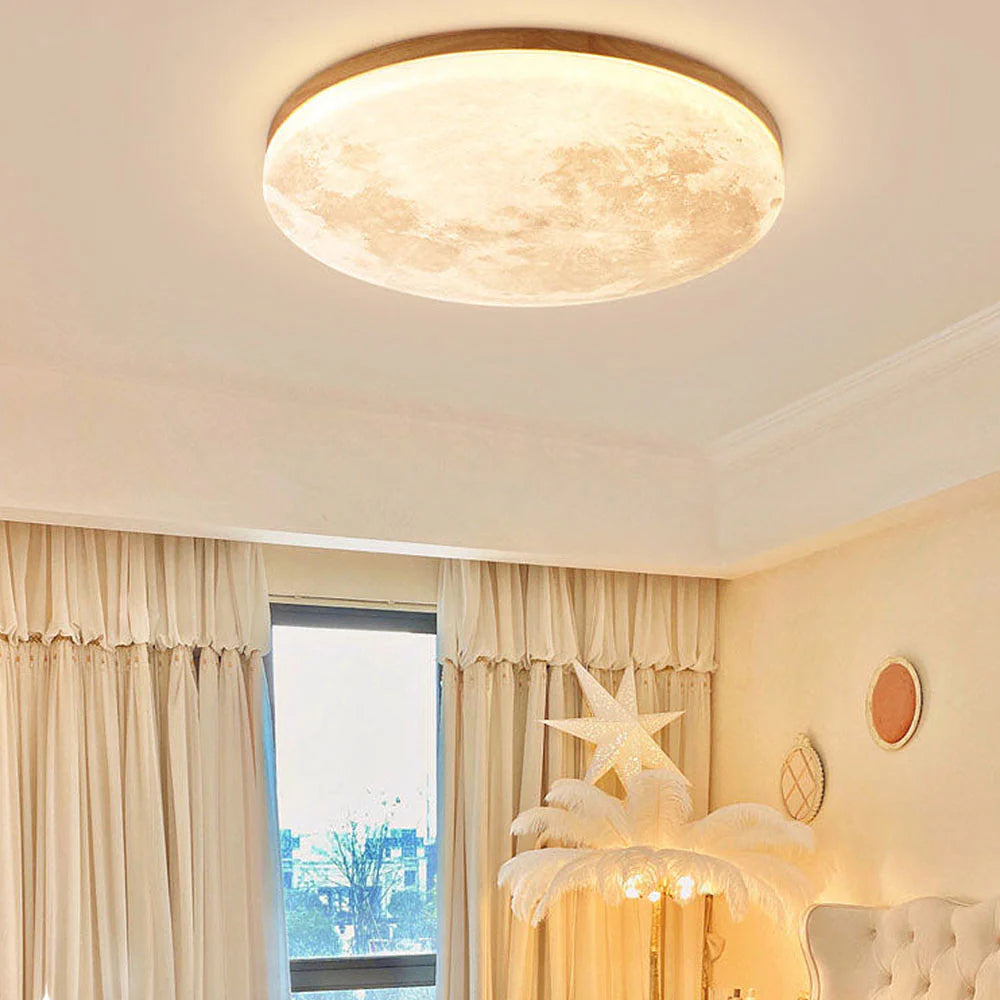 LED-taklampa – Rund plafond med månmotiv och träkant