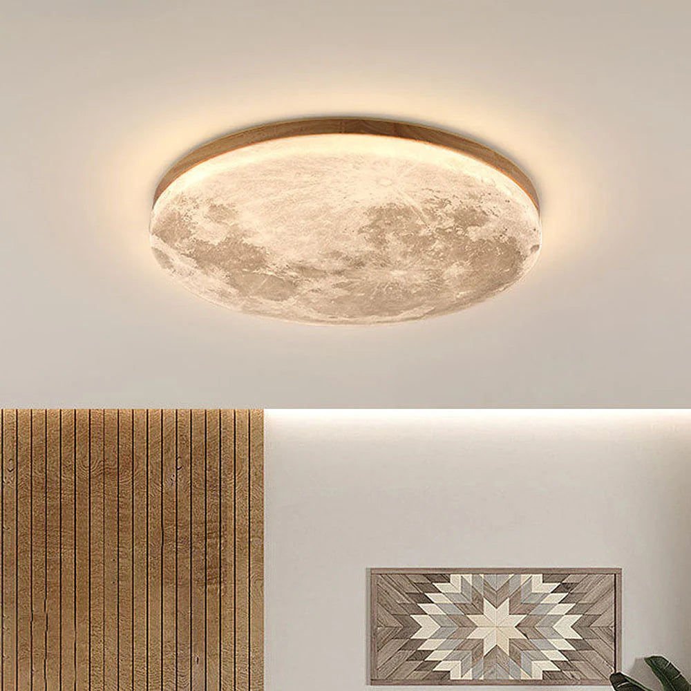LED-taklampa – Rund plafond med månmotiv och träkant