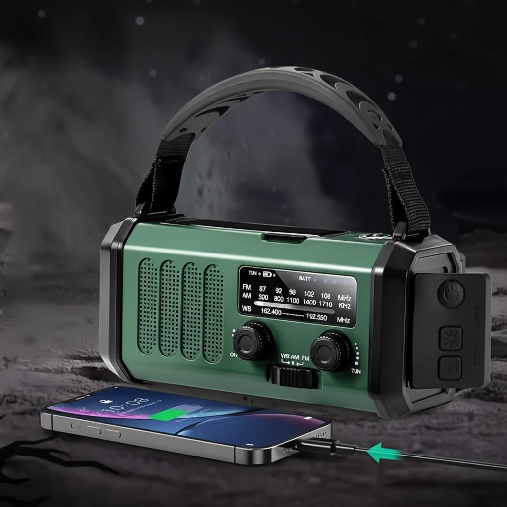 Nödradio Med Ficklampa Handvev Solpanel Och Powerbank