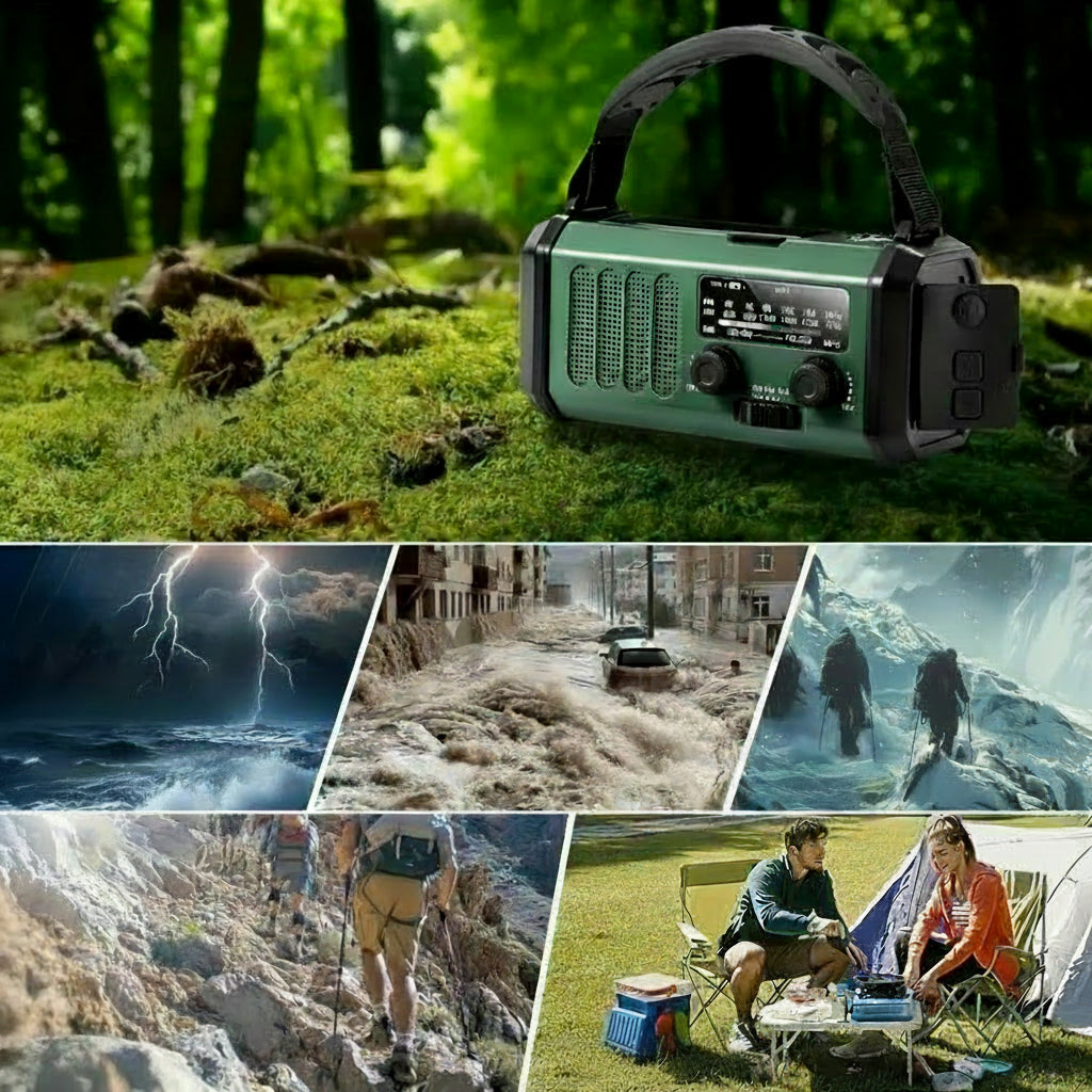 Nödradio Med Ficklampa Handvev Solpanel Och Powerbank