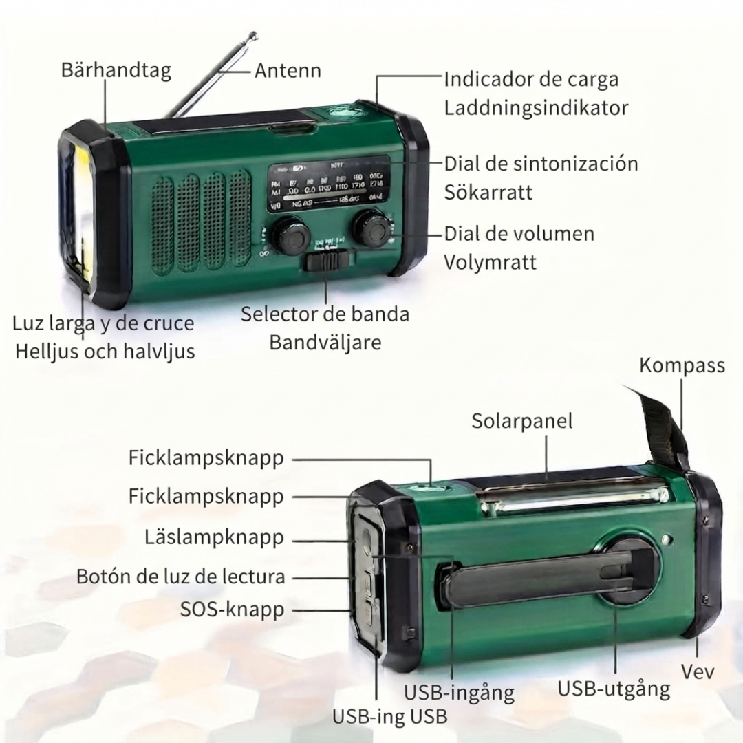 Nödradio Med Ficklampa Handvev Solpanel Och Powerbank