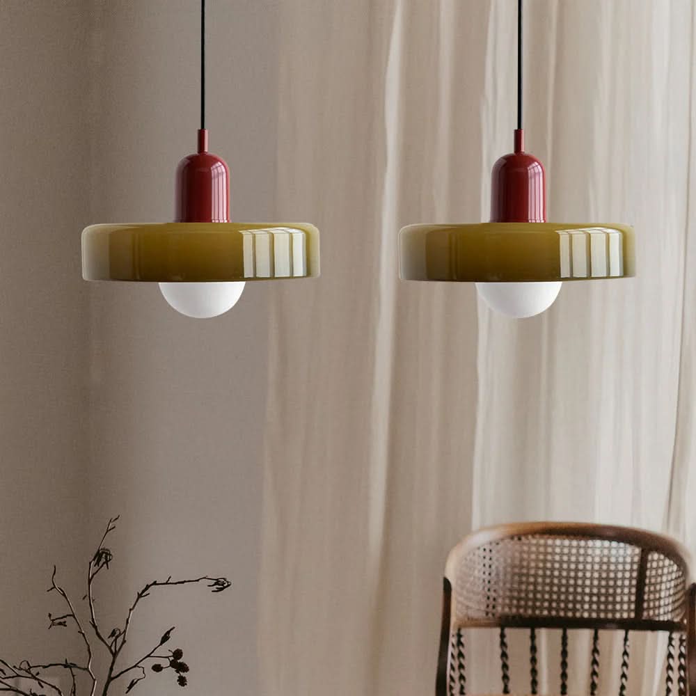 Pendellampa med tvåfärgad glasskärm - Platt skivform med synlig globlampa