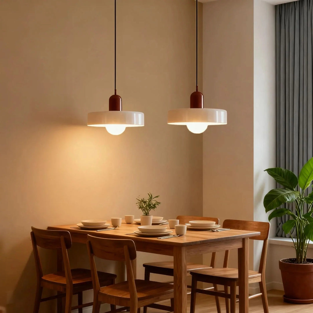 Pendellampa med tvåfärgad glasskärm - Platt skivform med synlig globlampa