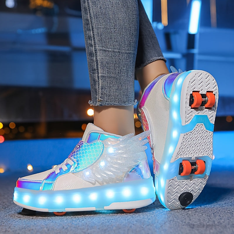 Rullskridskoskor för barn - Höga sneakers med snörning, hjul och LED-lampor