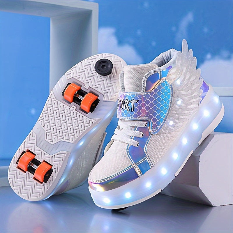 Rullskridskoskor för barn - Höga sneakers med snörning, hjul och LED-lampor