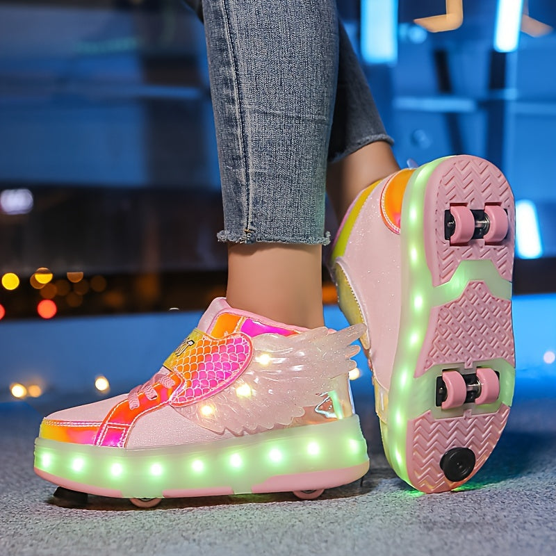 Rullskridskoskor för barn - Höga sneakers med snörning, hjul och LED-lampor