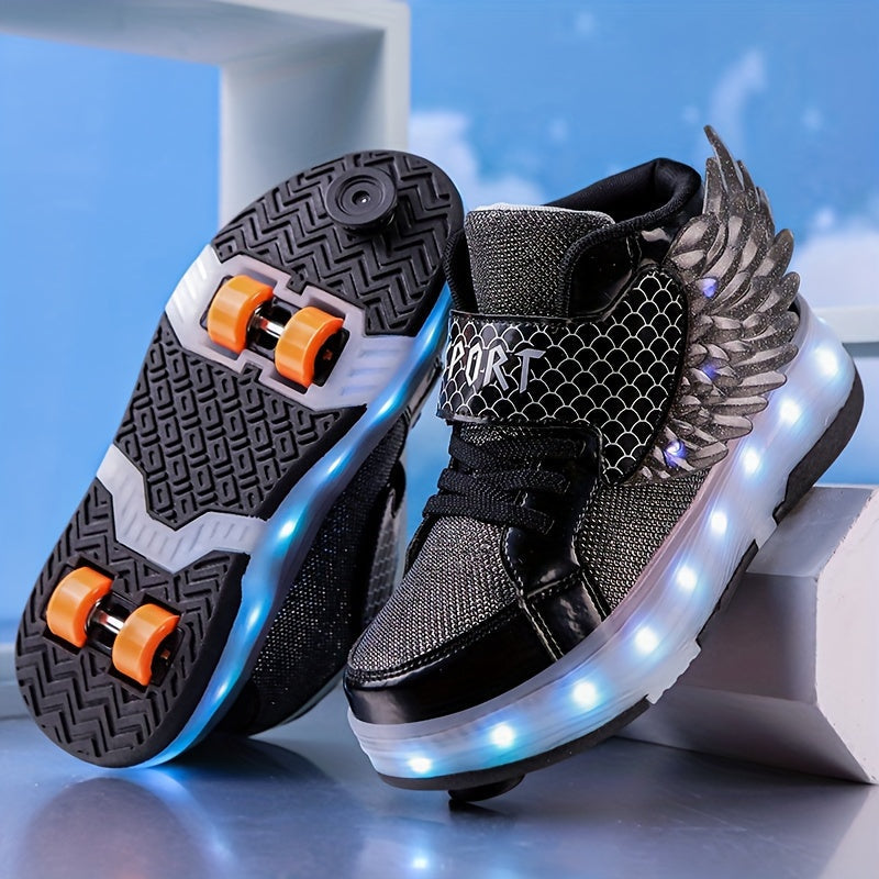 Rullskridskoskor för barn - Höga sneakers med snörning, hjul och LED-lampor