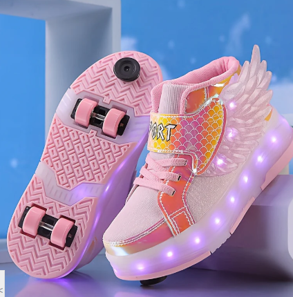 Rullskridskoskor för barn - Höga sneakers med snörning, hjul och LED-lampor