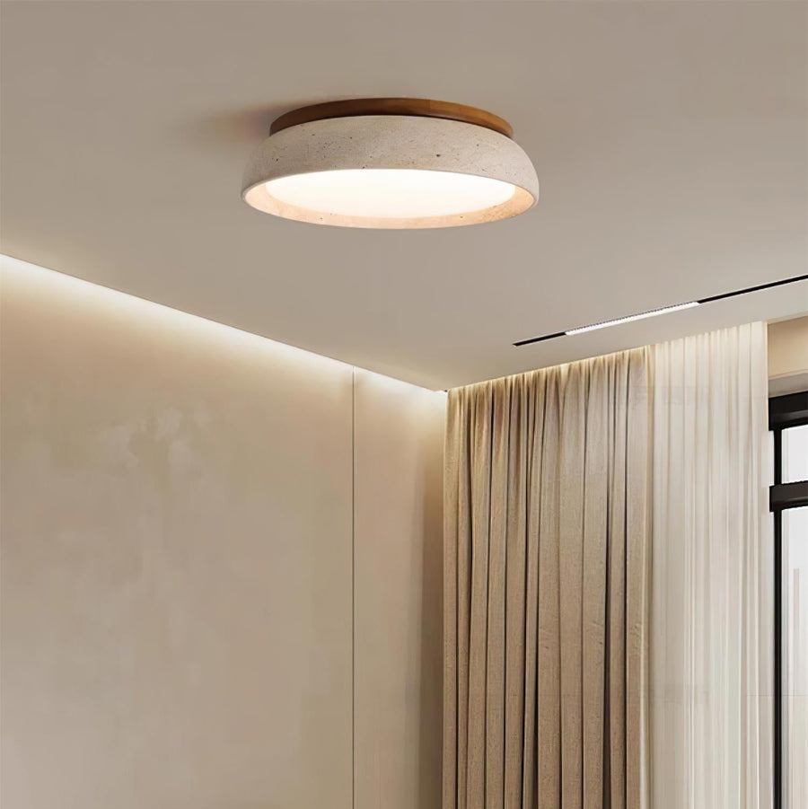 Rund taklampa för utanpåliggande montering - Stenlook-skärm med träfärgad bas