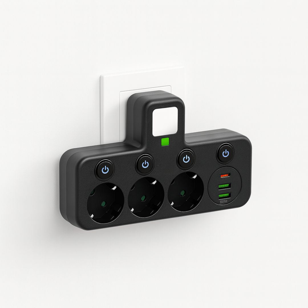 Vägguttagsförlängare med 3 uttag och USB-portar – anslutningsadapter med individuella strömbrytare