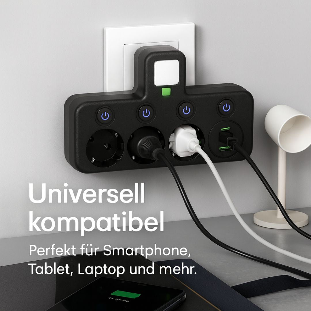 Vägguttagsförlängare med 3 uttag och USB-portar – anslutningsadapter med individuella strömbrytare