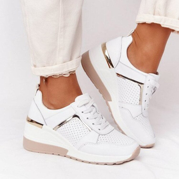 Women's Lace-Up Sneakers - Wedge Sole Metallic Trim