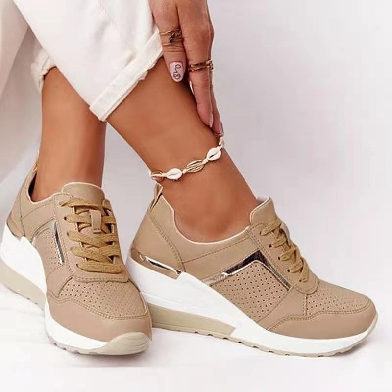 Women's Lace-Up Sneakers - Wedge Sole Metallic Trim