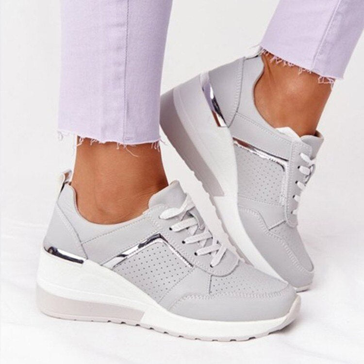 Women's Lace-Up Sneakers - Wedge Sole Metallic Trim