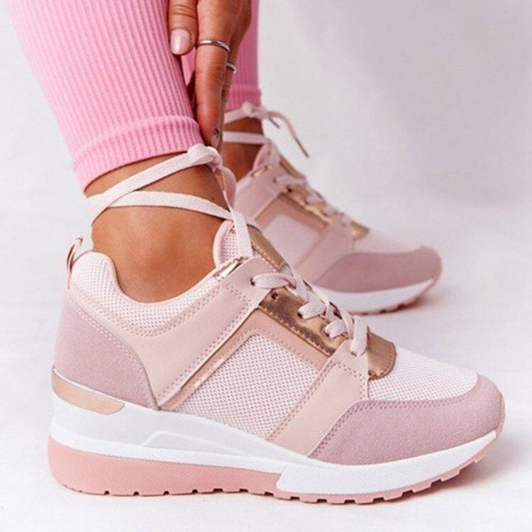 Women's Lace-Up Sneakers - Wedge Sole Metallic Trim