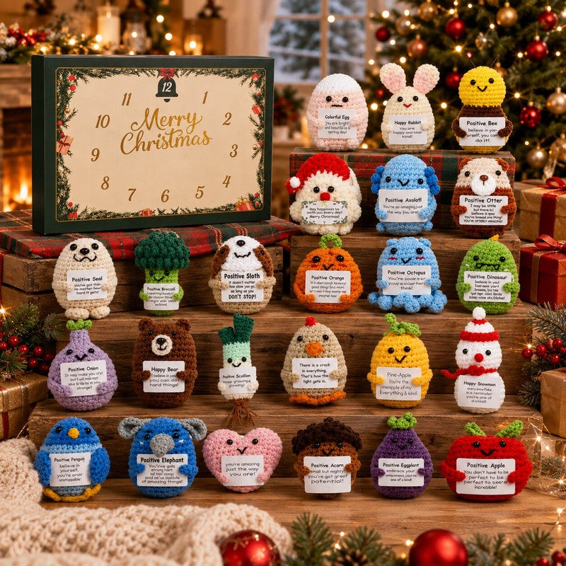 Adventskalender med 24 små figurer och positiva meddelanden
