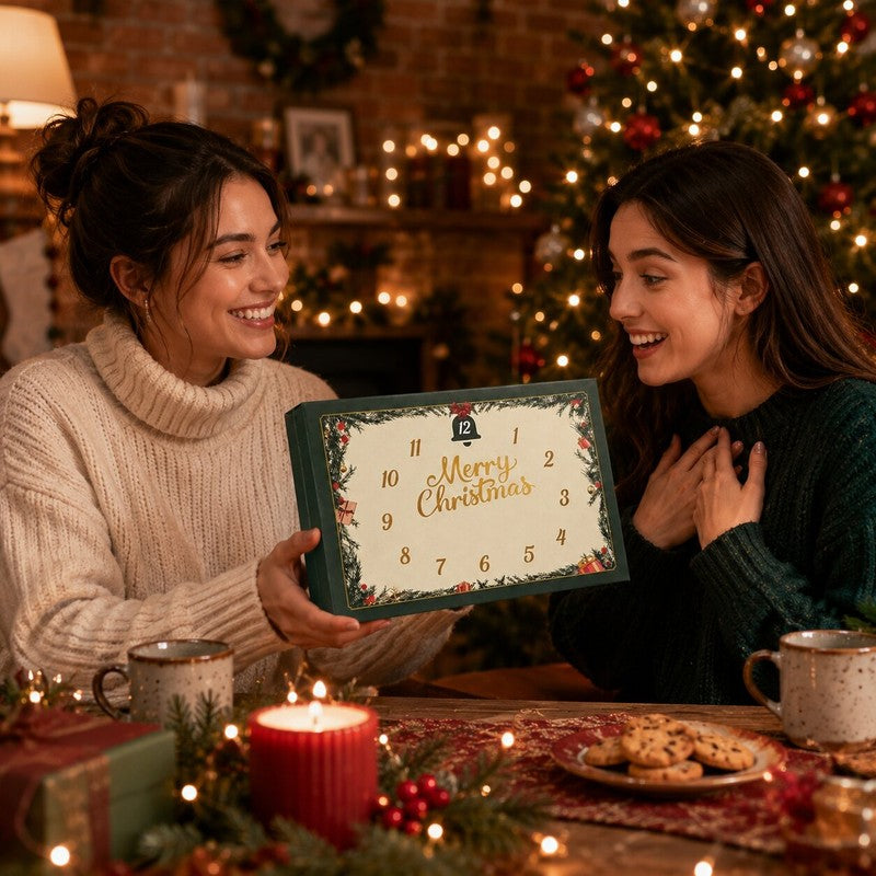 Adventskalender med 24 små figurer och positiva meddelanden