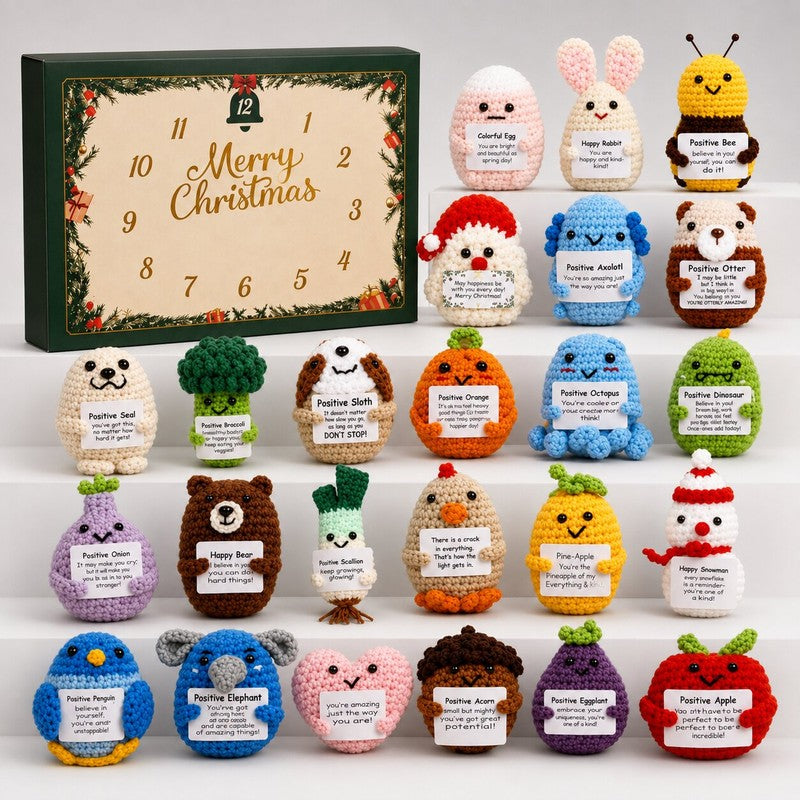 Adventskalender med 24 små figurer och positiva meddelanden