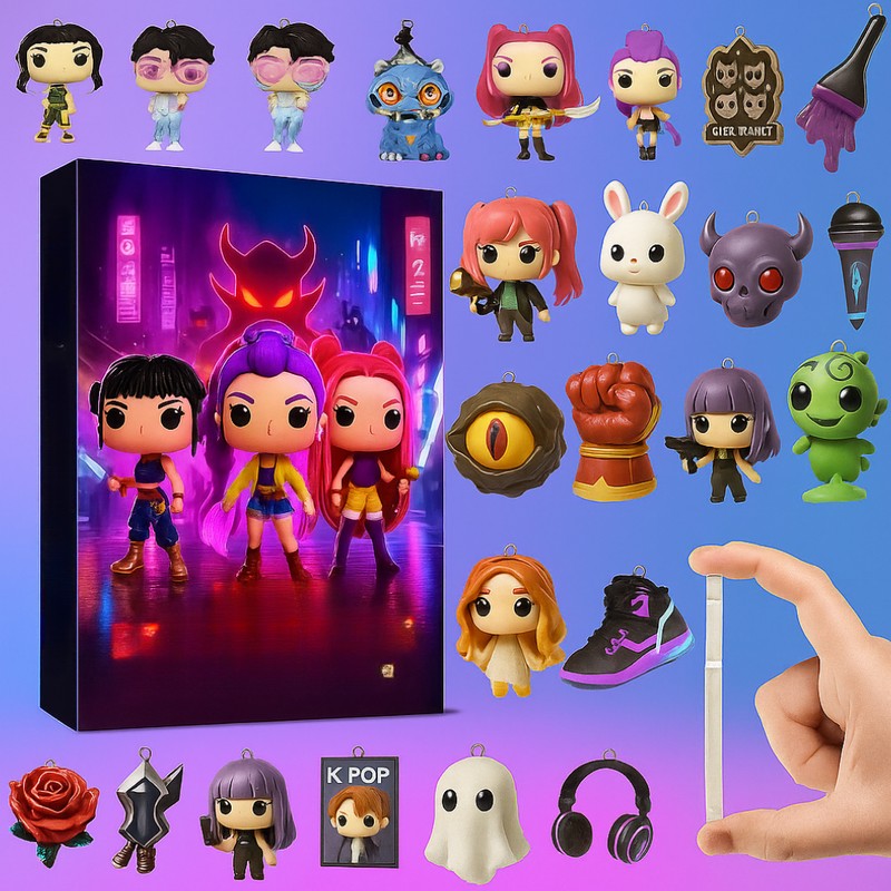 Adventskalender med anime-inspirerade minifigurer och dekorationer