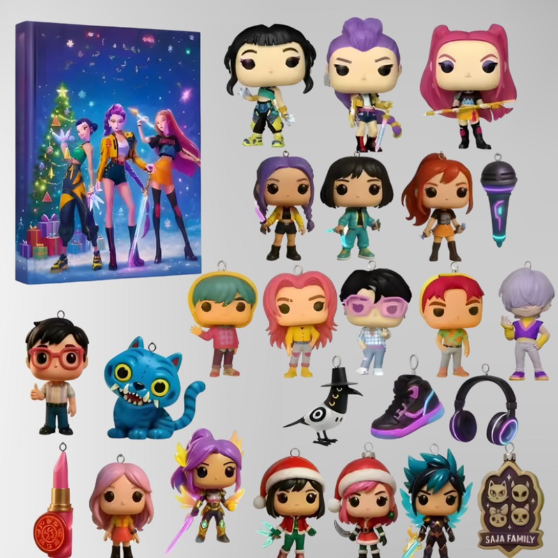 Adventskalender med anime-inspirerade minifigurer och dekorationer