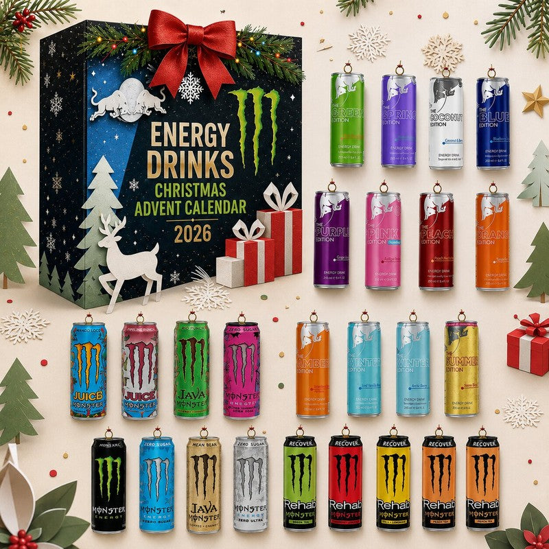 Adventskalender med energidrycker - Dekorativa miniatyrburkar