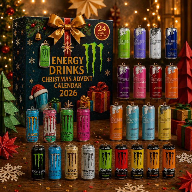 Adventskalender med energidrycker - Dekorativa miniatyrburkar