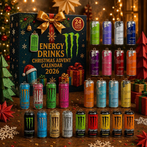 Adventskalender med energidrycker - Dekorativa miniatyrburkar