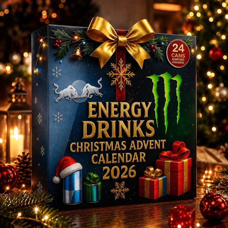 Adventskalender med energidrycker - Dekorativa miniatyrburkar