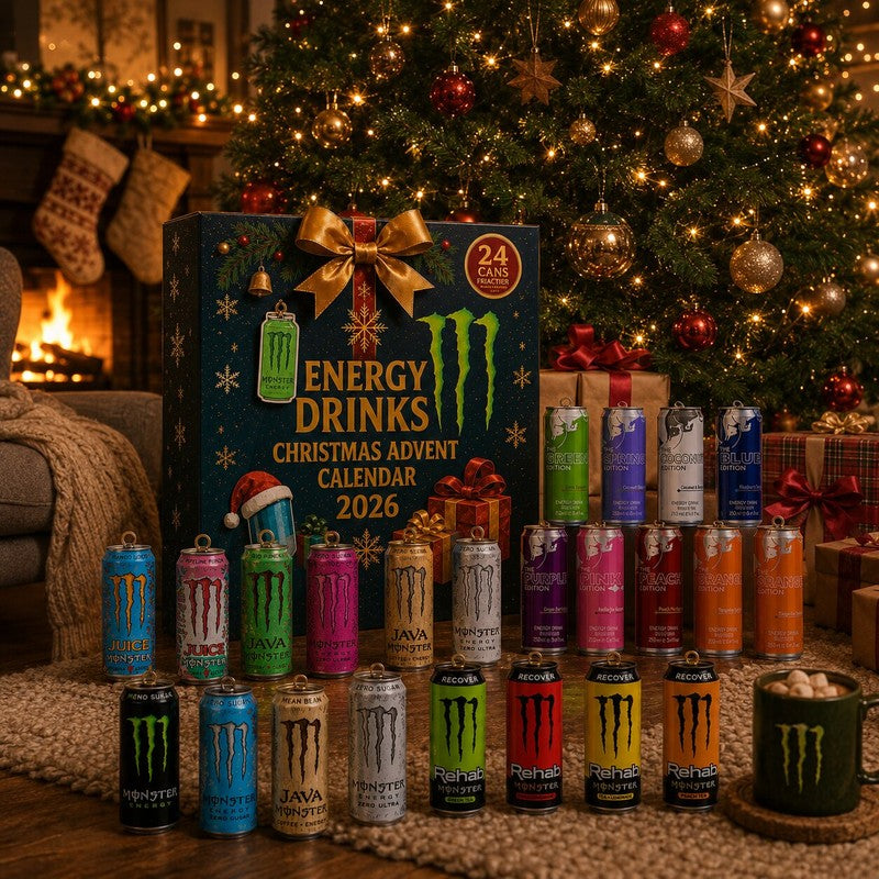 Adventskalender med energidrycker - Dekorativa miniatyrburkar