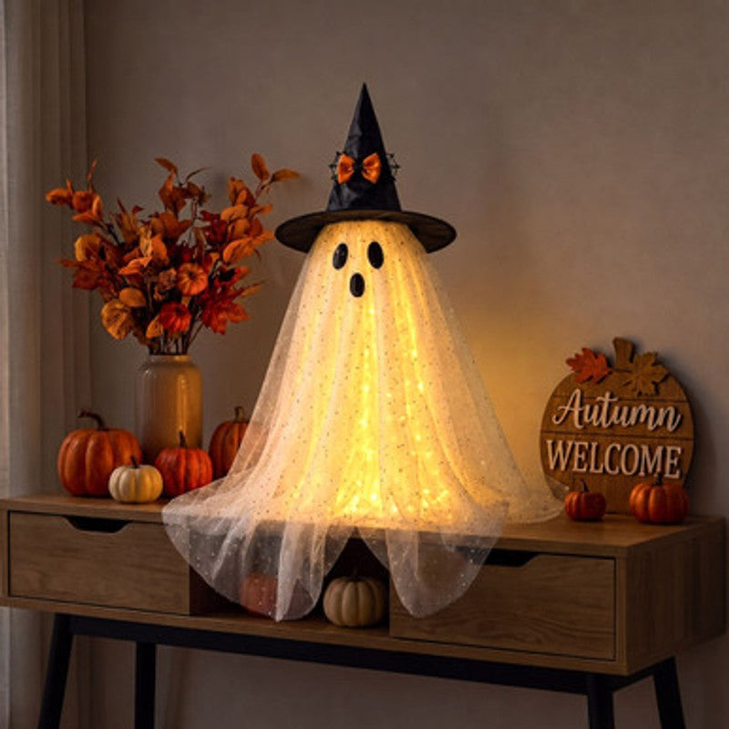 Halloween-dekorationsljus - Spökfigur med hatt och LED-belysning