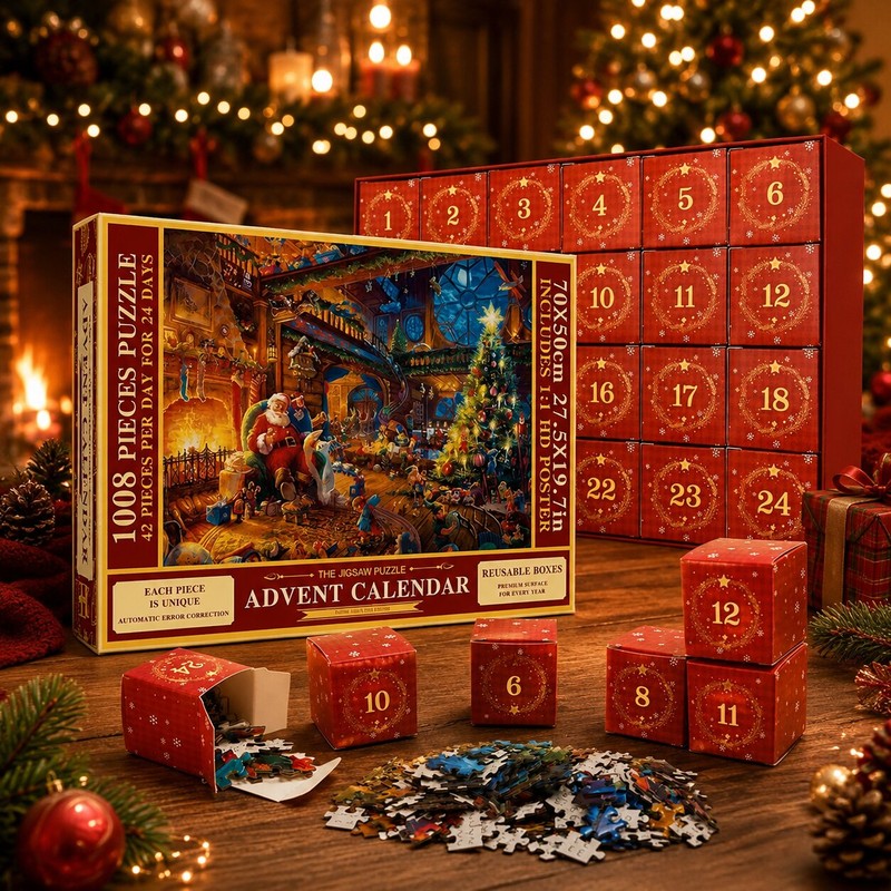 Pusseladventskalender 2026 - Julmotiv med 24 lådor