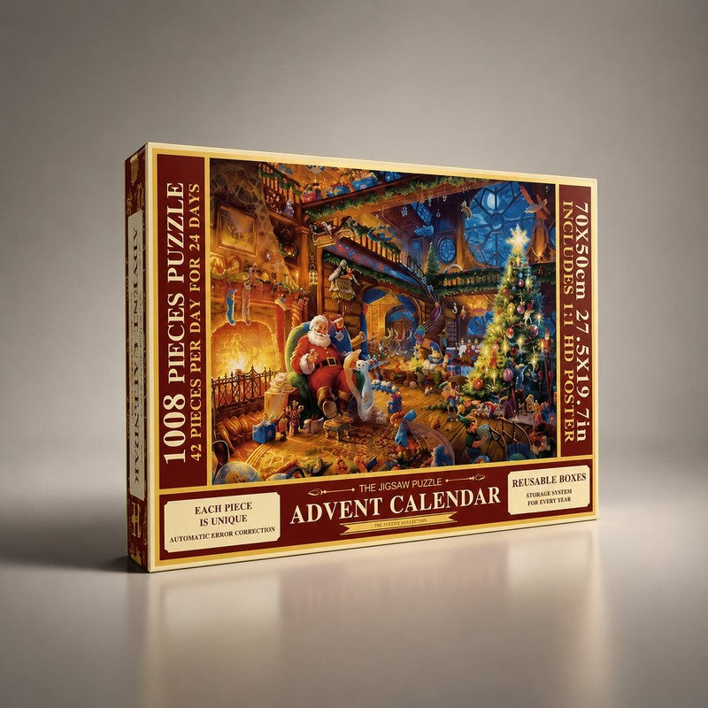Pusseladventskalender 2026 - Julmotiv med 24 lådor