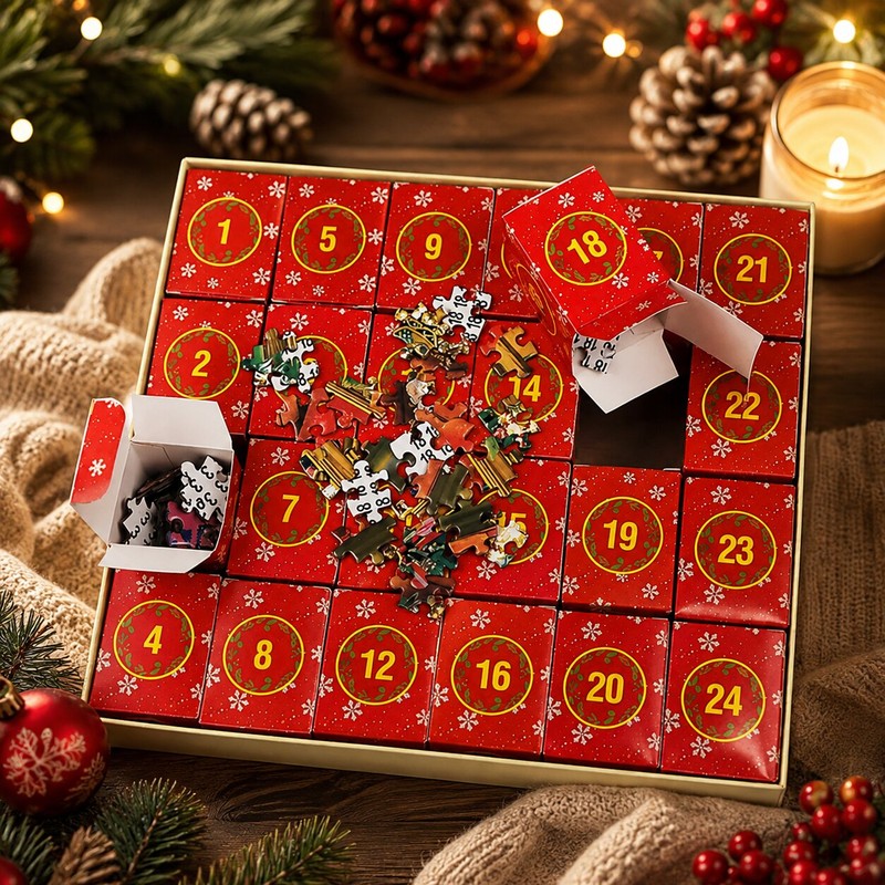 Pusseladventskalender 2026 - Julmotiv med 24 lådor