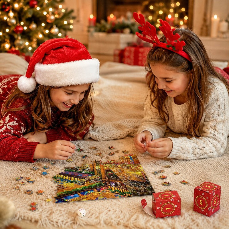 Pusseladventskalender 2026 - Julmotiv med 24 lådor