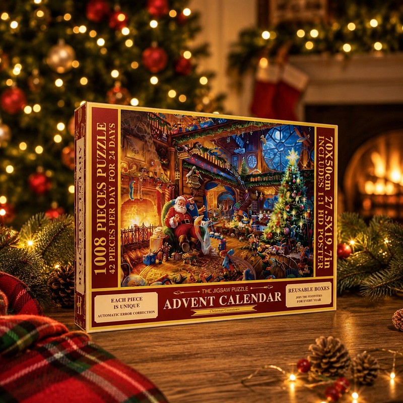 Pusseladventskalender 2026 - Julmotiv med 24 lådor